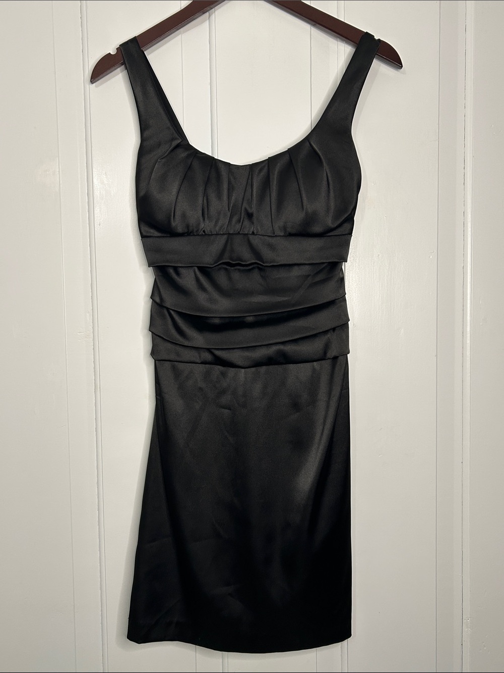 B Darlin 3/4 Black Satin Ruched Waist soft stretch sexy cocktail Mini Dress